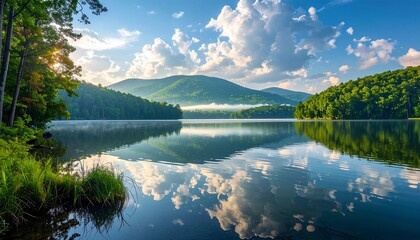 Serene lake landscape at dawn