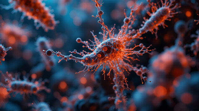 Mikroskopische Visualisierung von Bakterien in leuchtender Umgebung - Powered by Adobe