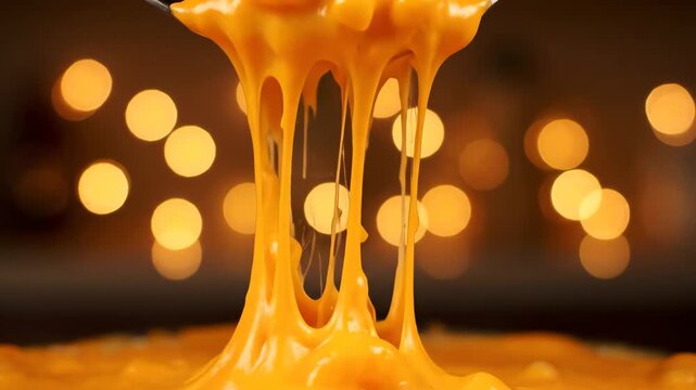 A 4k close-up captures melted cheddar mac n cheese being lifted with a spoon, dripping down with bokeh lights in the warm, golden background.