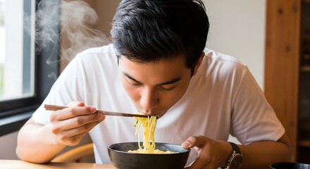 Young man eating hot noodles with chopsticks at restaurant, enjoying delicious Asian meal, symbolizing food culture, dining experience, and tasty traditional cuisine