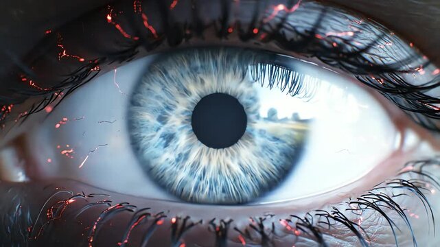 A detailed 4k close-up captures the intricate patterns and textures of a vibrant blue human eye, reflecting a landscape scene, enhanced by subtle digital red accents.