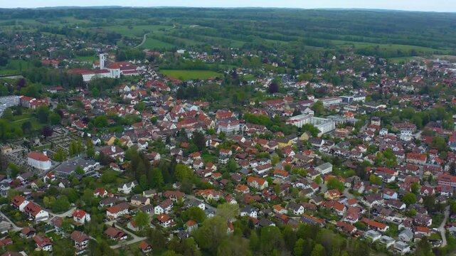 Aerial view of the city and monastery Die&szlig;en am Ammersee in Germany, Bavaria on a sunny spring da
