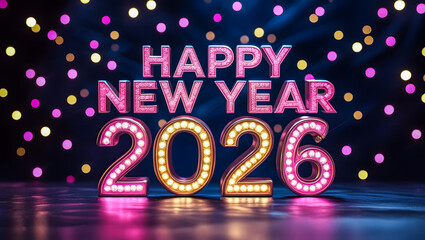 Happy New Year 2026 Celebration With Illuminated Pink Sign and Bright Lights

