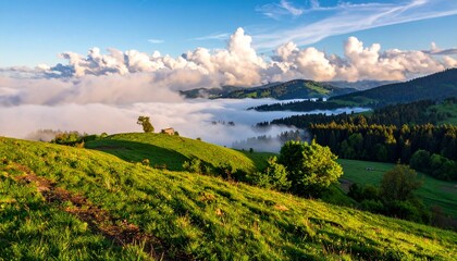 Obraz premium mountain meadow in morning light. countryside springtime landscape with valley in fog behind the forest on the grassy hill. fluffy clouds on a bright blue sky. nature freshness concept