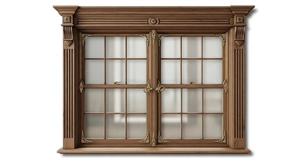 Ornate Wooden Window with Decorative Gold Accents and Frosted Glass Panes