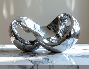 Shiny, abstract metal sculpture atop marble surface