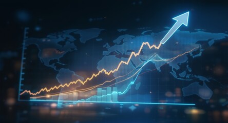 Financial Growth Chart with an Arrow Pointing Upwards on a World Map Background