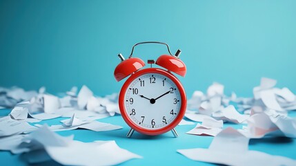 Red alarm clock surrounded by crumpled paper on a blue background, symbolizing time management and deadlines