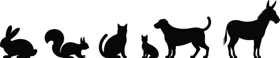Animal silhouettes, rabbit, squirrel, cat, kitten, dog, donkey, black shapes, pet icons, wildlife, domestic animals, flat vector illustration