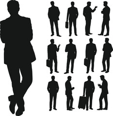Businessman silhouette vector, corporate pose illustration, professional gesture graphic, office attire design, team communication concept, flat vector illustration