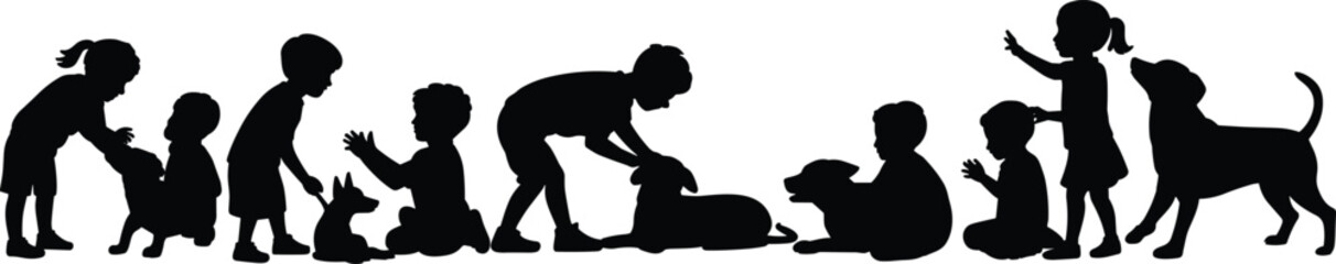 Children with dogs, pet interaction, emotional bond, black silhouette, playful moment, animal companionship, isolated design, flat vector illustration
