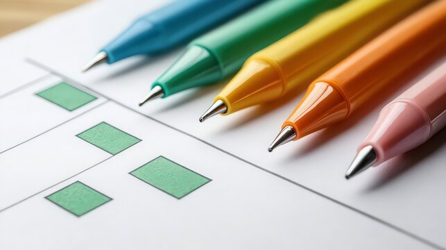 Colorful pens arranged on a bar graph, representing data analysis, business trends, and creative solutions - Powered by Adobe