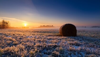 Sunrise Over A Frost Covered Field With A Lone Hay Bale