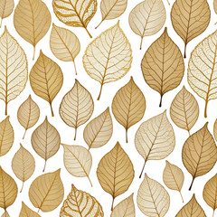 Pattern of stylized beige autumn leaves on a black background