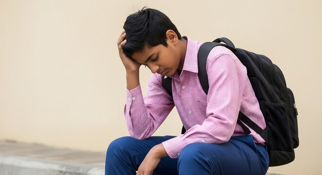 Sad Indian schoolboy sitting with backpack, looking stressed and upset after school, symbolizing student pressure, exam stress, academic challenges, and emotional struggles