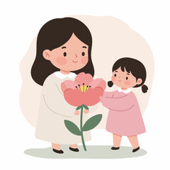 Cute Handdrawn Mother and Daughter Holding Flower Illustration for Celebration