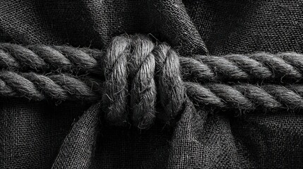 Close up of a dark rope tied in a knot, showcasing the intricate details and texture of the material