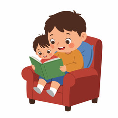 Cartoon Illustration Father and Son Read Book Together on Armchair