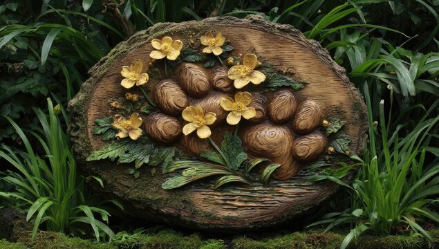 A decorative wood slice artwork displays intricate carvings of flowers and a paw print, set against a lush green garden backdrop.