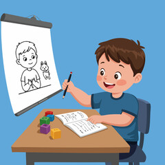 Cute Flat Boy Drawing Illustration on Easel in Classroom Setting