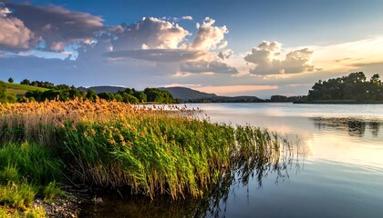 Serene lake sunset landscape