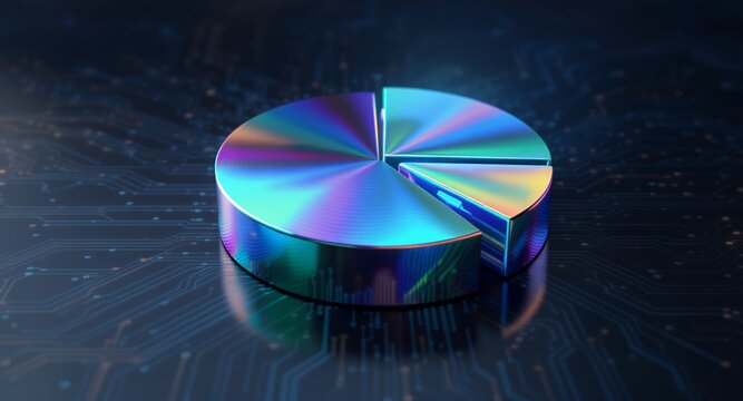 Iridescent Pie Chart on a Circuit Board Background, Data Visualization Concept