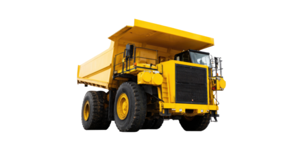 Bright yellow dump truck, heavy-duty, isolated on transparent background