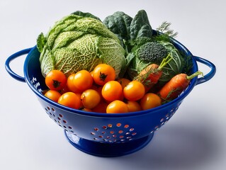 Freshly Washed Organic Vegetables in Blue Colander on White Background