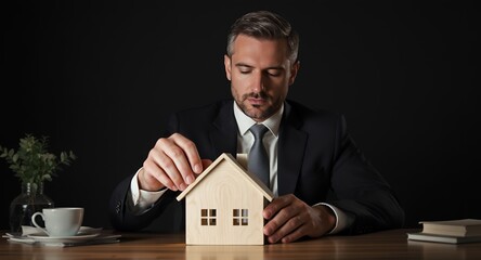 Man in Suit Holding Miniature House, Concept of Homeownership