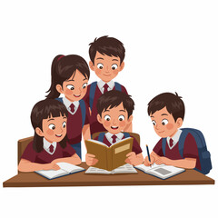 Cartoon Illustration of School Children in Uniform Studying at Desk Together
