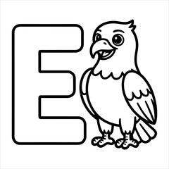 Alphabet Letter E Coloring Page, Cute Eagle Animal Cartoon Vector for Kids, E for Eagle Coloring Page Vector Printable Alphabet Animal Cartoon for Children, Educational Alphabet Coloring Page.