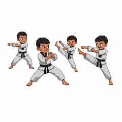 Cartoon Style Illustration of Young Martial Artist Practicing Different Karate Moves
