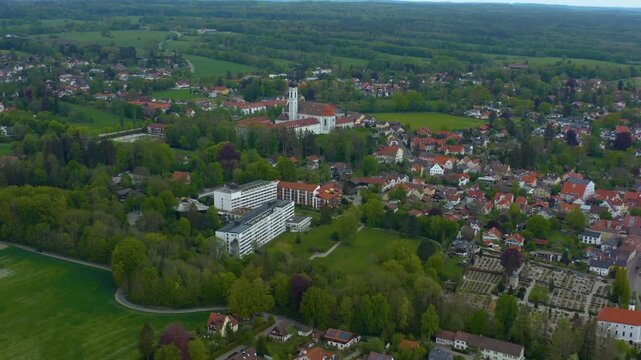 Aerial view of the city and monastery Die&szlig;en am Ammersee in Germany, Bavaria on a sunny spring da