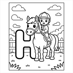 Alphabet Letter H Coloring Page Cute Horse Animal Cartoon Vector for Kids, H for Horse Coloring Page Vector Printable Alphabet Animal Cartoon for Children, Educational Alphabet Coloring Page.