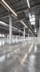 Spacious Empty Warehouse Interior with Polished Concrete Floors and White Columns