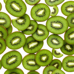 Fototapeta premium Scattered kiwi slices, creating a vibrant and fresh green pattern on black background