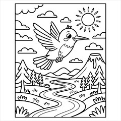 Flying Bird Coloring Page Vector Cute Cartoon Animal Line Art for Kids, Bird in Nature Coloring Page – Printable Animal Cartoon Vector for Children, Wildlife Bird Coloring Page Educational Animal .