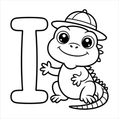 Alphabet Letter I Coloring Page Cute Iguana Animal Cartoon Vector for Kids, I for Iguana Coloring Page Vector Printable Alphabet Animal Cartoon for Children, Educational Alphabet Coloring Page.