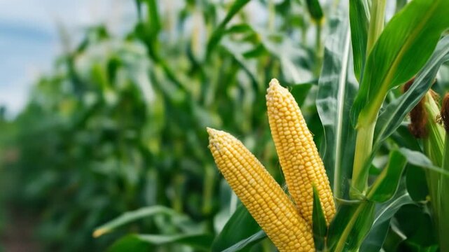 Mature corn cobs growing in agricultural field on a sunny day cultivating maize