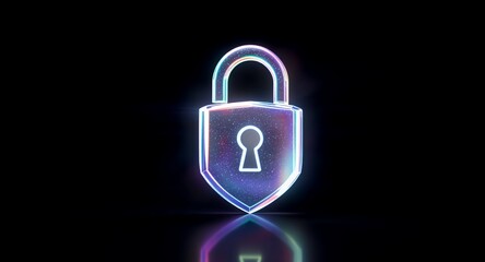 Neon glowing lock security symbol on black background