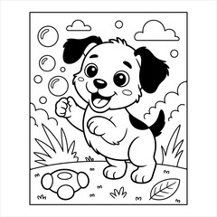 Cute Puppy Dog Coloring Page Vector for Kids Activity Book, Adorable Cartoon Dog Line Art Illustration for Children, Happy Puppy Printable Coloring Sheet Animal Vector.