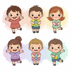Cute Cartoon Children Characters with Various Poses and Expressions Illustration