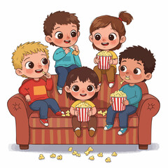 Colorful Cartoon Illustration of Children Enjoying Popcorn on a Sofa