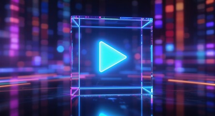Neon Play Button in a Glass Cube with Futuristic Background