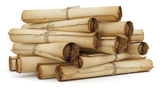 Stack of Aged Parchment Scrolls Tied with Twine, Isolated on White