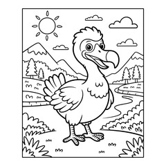 Dodo Bird Coloring Page Vector for Kids, Cartoon Extinct Animal Line Art Illustration, Printable Dodo Coloring Sheet with Mountains and River, Cute Wildlife Bird Cartoon Vector, Happy Dodo Cartoon.