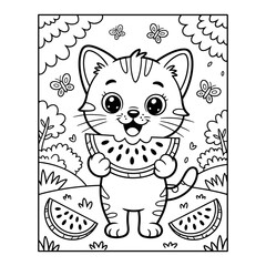 Cute Cat Coloring Page Vector for Kids Cartoon Kitten Eating Watermelon Line Art Illustration, Printable Cat Coloring Sheet with Watermelon Fun Cartoon Kitten Animal Vector for Children.