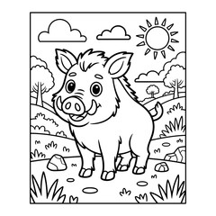 Cute Wild Boar Coloring Page for Kids Printable Animal Vector, Cartoon Boar Coloring Sheet Forest Animal Illustration for Children, Wild Boar Coloring Book Page Vector Safari Animal Drawing.