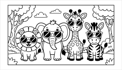 Cute Jungle Animals Coloring Page Vector Illustration, Safari Animals Lion Elephant Giraffe Zebra Coloring Book Page, Wild Animals Wearing Sunglasses Cartoon Coloring Page Vector.