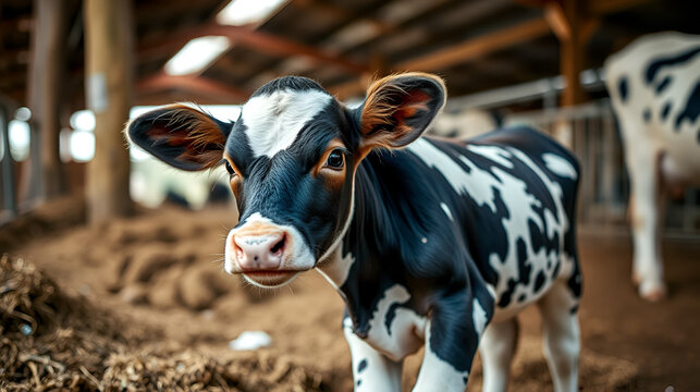 A beautiful newborn calf in a cowshed